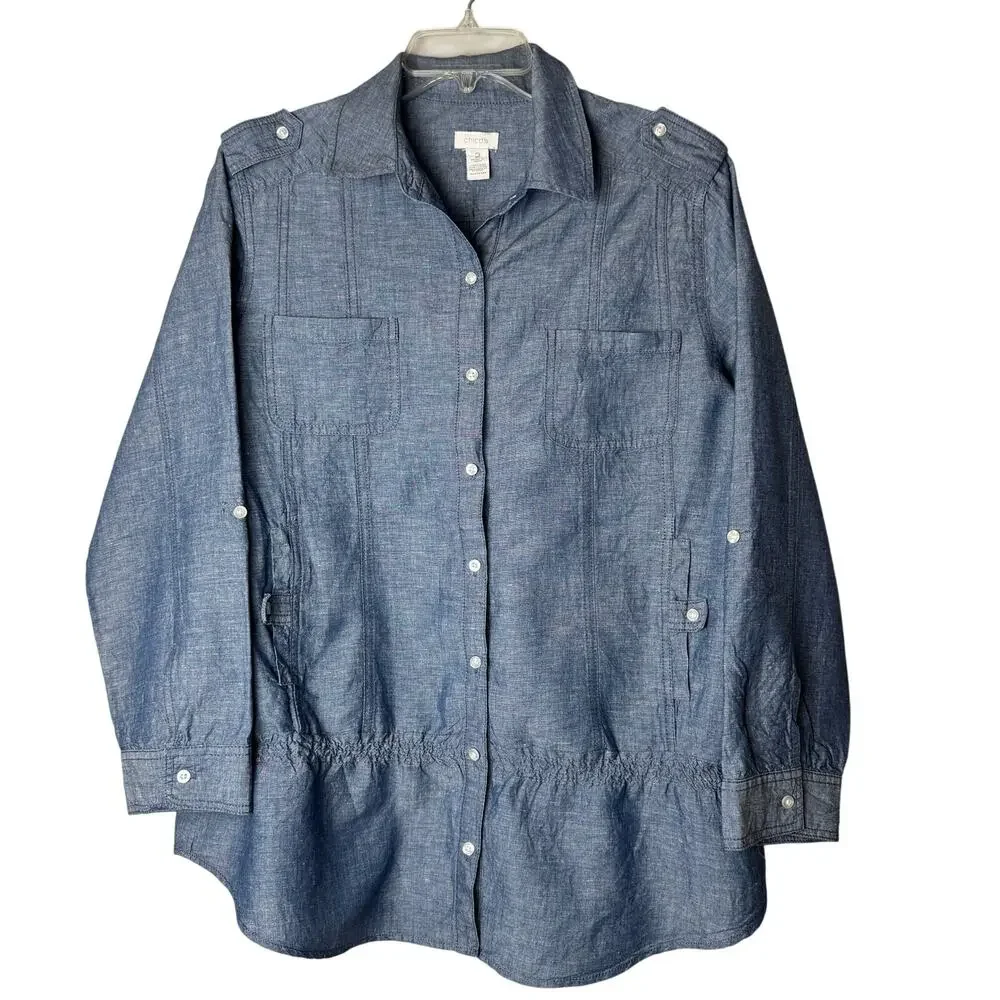 Chico's Linen Blend Military Peplum Chambray Top Blue Large - Picture 2 of 7